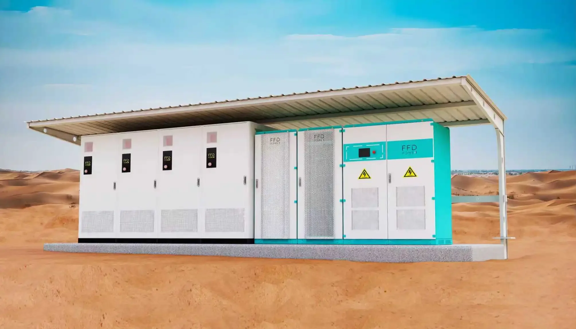 Inštalácia solárneho systému na skladovanie energie FFD Power v púštnom prostredí s batériovými skriňami a riadiacou jednotkou mikrosiete.